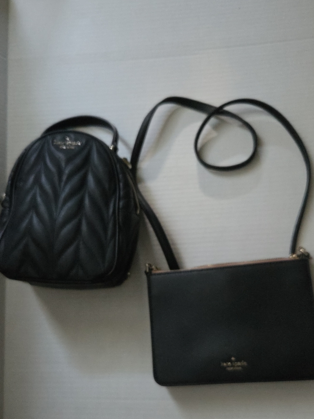 2 KATE  SPADE Black Quilted Leaf-Pattern Mini Backpack w/ Gold Logo & Mini Purse